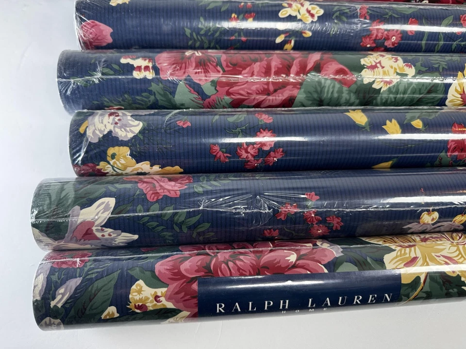 Ralph Lauren Home Vintage Wallpaper 7 Double Rolls Floral Navy Blue Discontinued - Image 3 of 4
