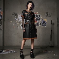 NWT Bod & Christensen Black Perforated Leather Snap Front Shift Dress Sz 6 Punk