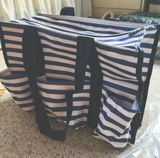 NWT Thirty One Zip Top Organizing Utility Tote Marine Blue Stripe Large Bag