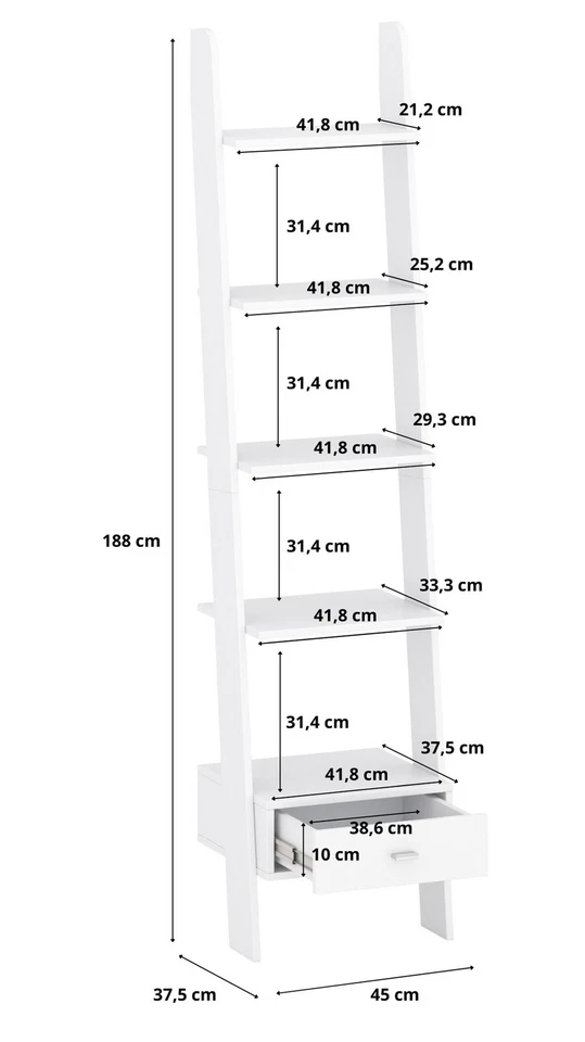 Leiterregal Frank Standregal 45x37,5x188 cm Blanc 5 Niveaux, Avec Tiroir - Photo 4/4