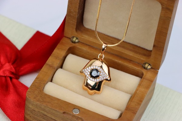 Alternate view of Black Evil Eye Hamsa Pendant Gold Plated Protection Amulet, Xppt1756