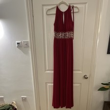 Red Women’s Maxi Dress Size S, Sleeveless V-Neck, Beaded Waist, Long Formal