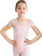 Girls Ballet Dance Neck Lace Leotard for Toddler Gymnastic with Bow Back Cap Sle
