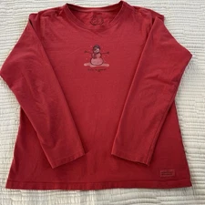 Life Is Good Women's Red Long Sleeve Snowman Tee Shirt Size Medium Cotton Soft
