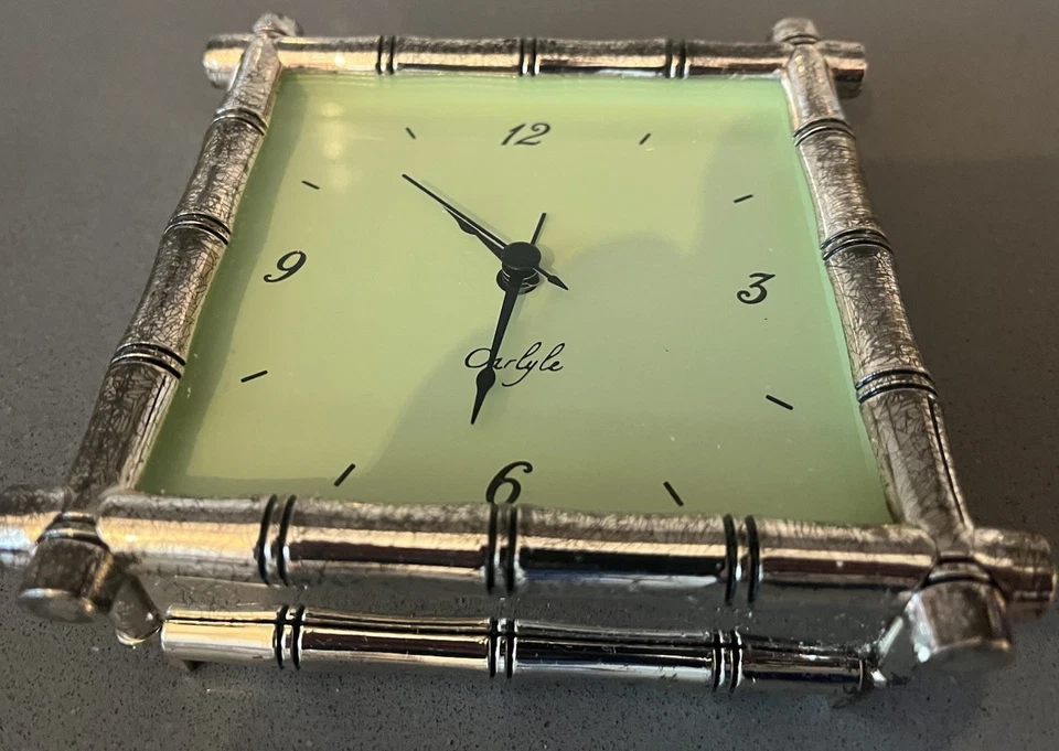 Pottery Barn Carlyle Silver Plated Bamboo Mantel Desk Clock -Green Face -Working - Image 2 of 4