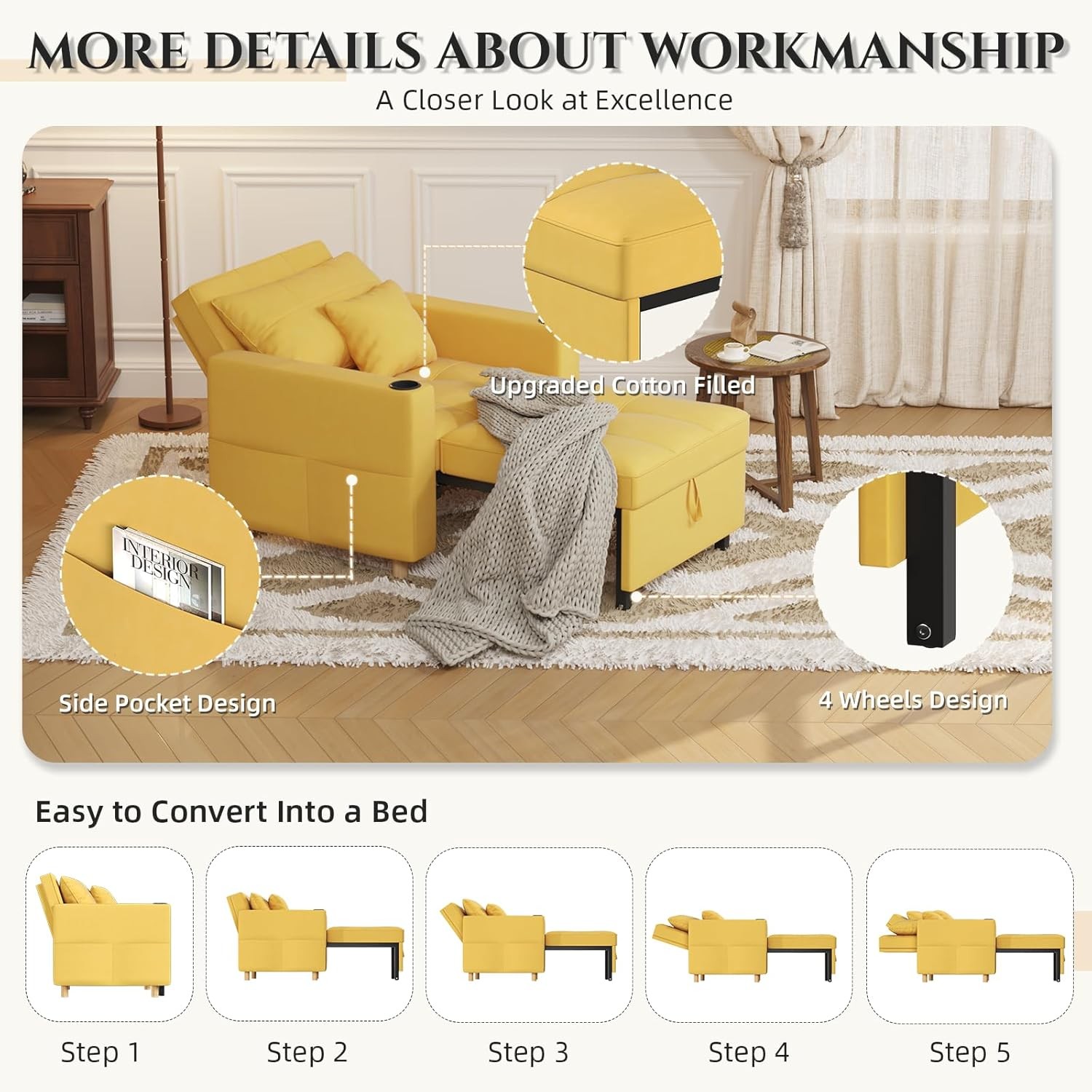 Sleeper Chair Extra Wide Convertible Chair Bed 3-in-1 Pull Out Single Sofa