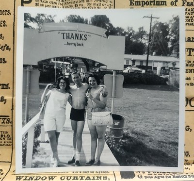 Vintage B&W Photo 2 Girls & Shirtless Young Man Boardwalk Welcome Back