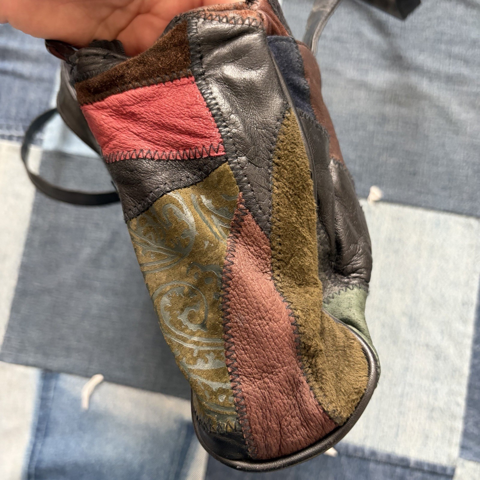 patchwork leather vintage shoulder bag jewel tone… - image 6