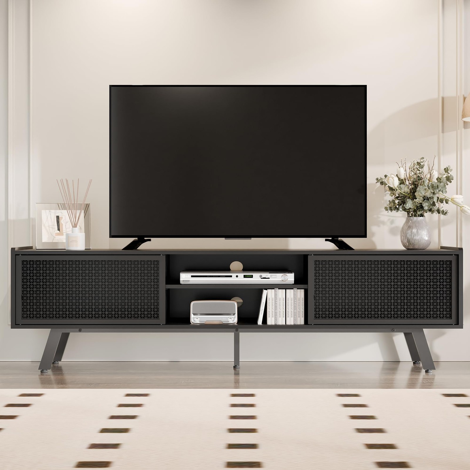 For 65 70 Inch Tv Modern Iron Rattan Tv Console With Sliding Door