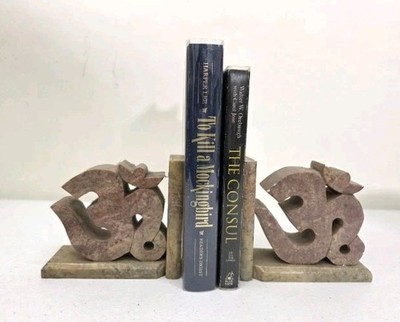 Vintage Carved Soapstone Om Symbol Bookends Pair India Hindu Yoga Decor