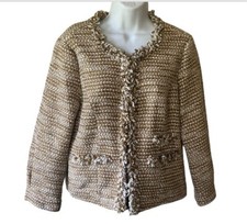 CAbi Tweed Phoebe Blazer Jacket Plaid Gold Boucle Fringe Trim 3/4 Sleeve Size M