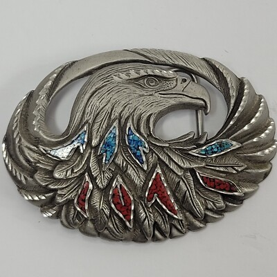 ENCHANTMENT American Eagle Belt Buckle Pewter Red and Blue Stone Inlay USA 2002
