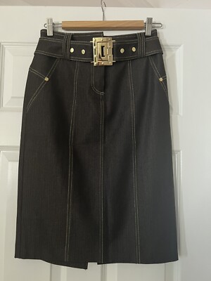 Cache Womens Gold Belt Buckle Straight Denim Skirt