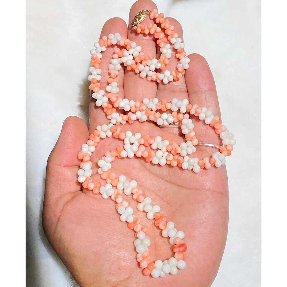 COLLAR DE COLECCIÓN PIEL DE ÁNGEL CORAL CUENTAS ENTRELAZADAS BROCHE ORO 14K 30 1/4" 46,3 G Foto 3 de 4