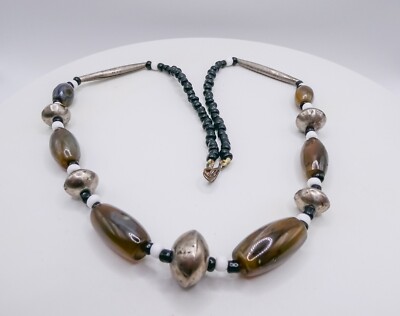Native American Navajo Necklace Sterling Silver Banded Agate 20'' Mens Womens