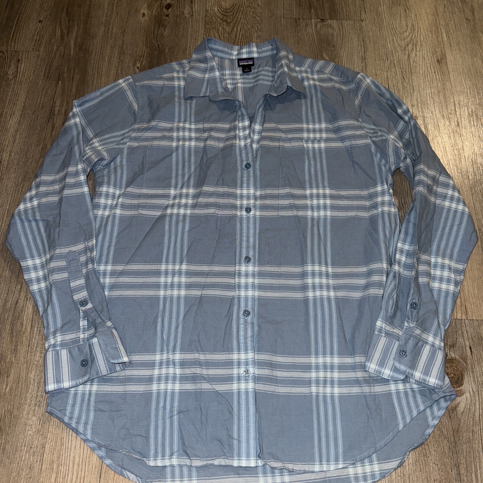 Patagonia Women's Organic Shirt Blue Plaid Long Sleeve Cotton & Hemp Size Small