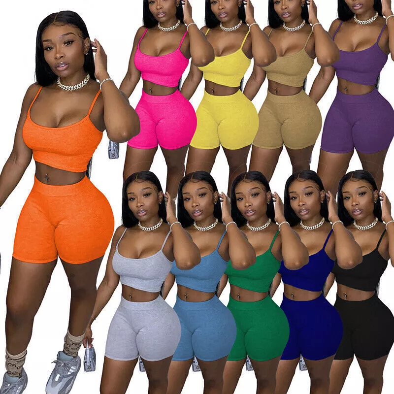 Women Cami Bra Crop Top + Cycling Shorts Girls Fitness Yoga Set Dress Gym  Wear