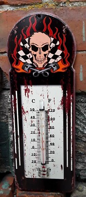 Blech Thermometer Skull schwarz, Totenkopf, Vintage Racingflag