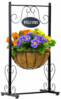 Welcome Planter Basket Stand with Coco Liner, Stylish Garden & Deck Flower Plant