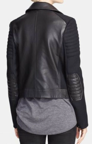 Women's VINCE Quilted Black Leather with Wool Trim Moto Zip-up Jacket Sz XS - Picture 2 of 16