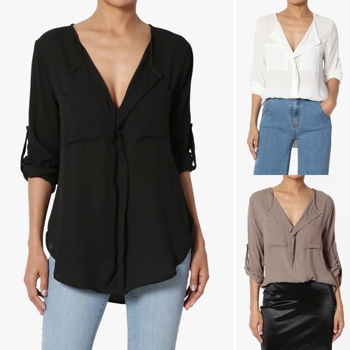 TheMogan Roll Tab 3/4 Ärmel Schlitz V-Ausschnitt Bluse Büro Tasche Henley Shirt Top