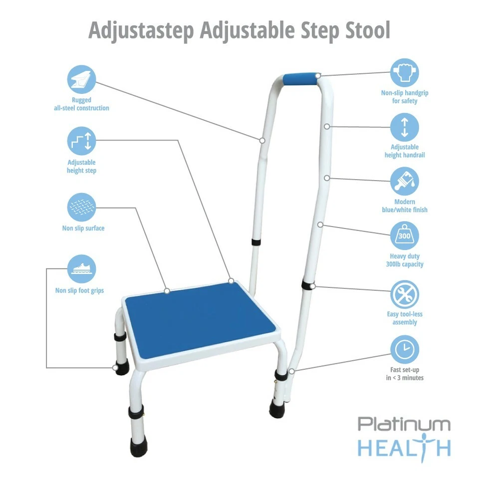 AdjustaStep(tm) 2-in-1 Step Stool Footstool Handle Handrail Height Adjustable - Image 2 of 4