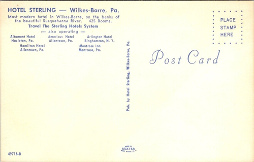 Wilkes-Barre PA Hotel Sterling On The Susquehanna River Pennsylvania Postcard - Picture 2 of 2