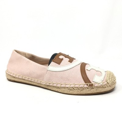 Tory Burch Poppy Espadrilles Flats Shoes Womens Size 6.5 Pink White Brown Canvas
