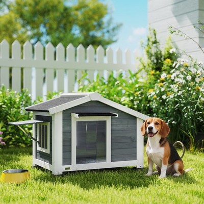 PawHut Hundehütte wetterfestes Hundehaus aus Holz mit herausnehmbarem Boden Grau