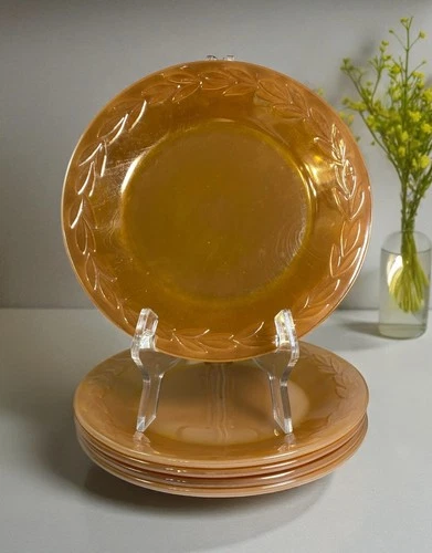 VTG Anchor Hocking Fire King PEACH LUSTRE 9" Luster Plates Laurel Leaf SET of 5