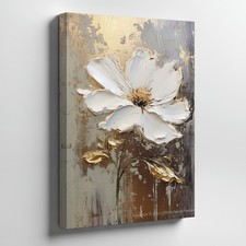 White Flower Canvas Wall Art Textured Floral Painting Gold Leaves Modern Home