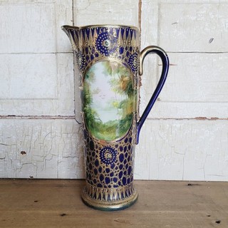 Hand Painted Nippon Moriage Pitcher Cobalt Blue Gold Tankard Scenic Antique 10”