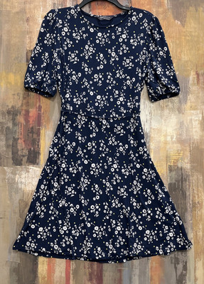 M&S Collection Women's Dress With Navy Blue Floral Print | Size 10