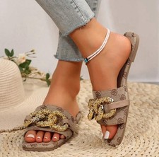 New. Elegant Women  s Flat Slide Sandals with Gold Chain Accent   Square Toe