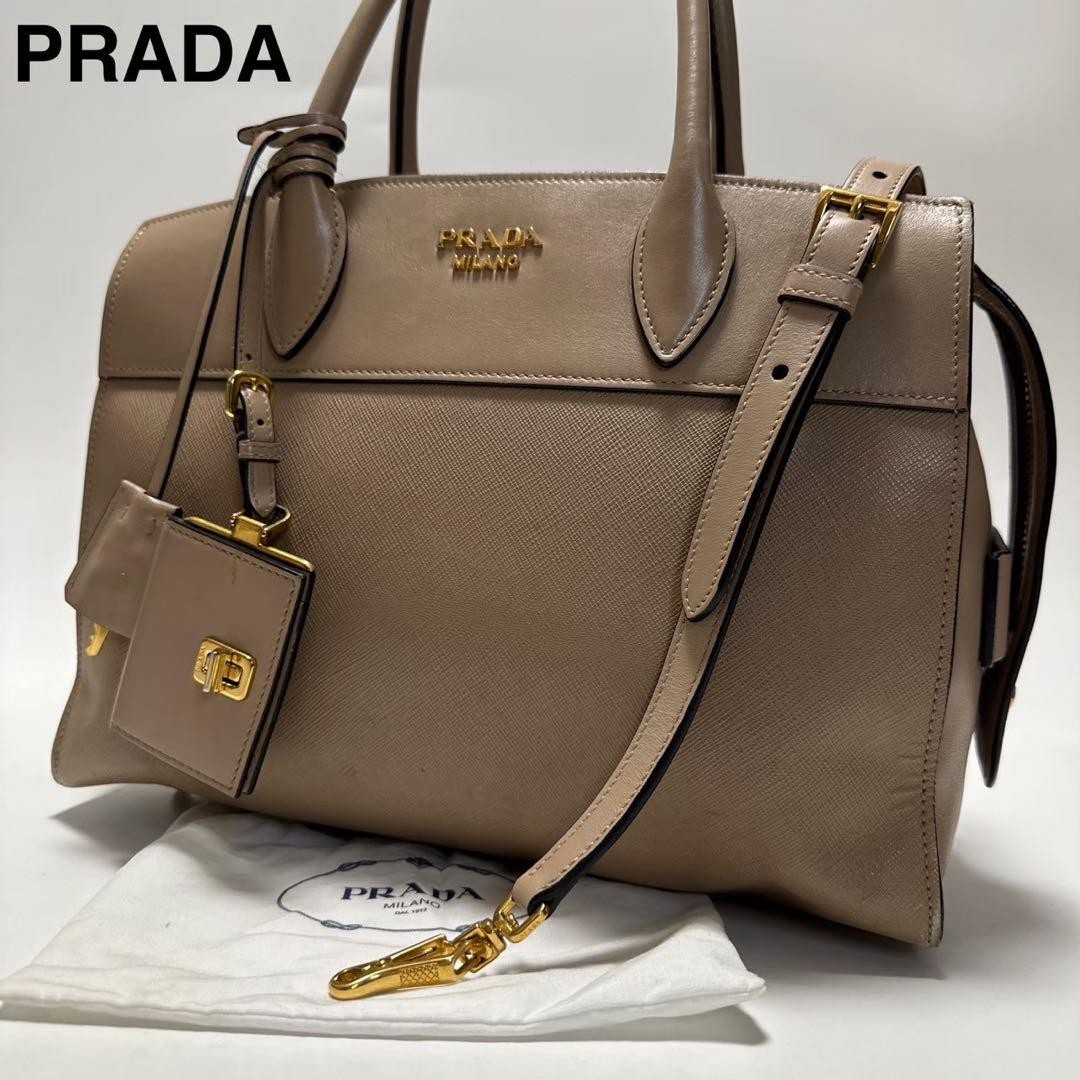 PRADA Saffiano Leather Esplanade 2-Way Handbag Beige Gold Hardware Rare Authentic