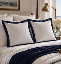 LOT 2 Ralph Lauren RL Organic Sateen Border European Shams 26x26 Polo Navy NEW