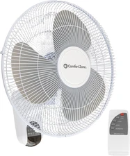 Comfort Zone 16-Inch Wall Mount Fan with Remote Control, Quiet 3-Speed Operation