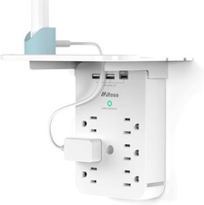 Wall Outlet Extender with Surge Protector, 6 AC Outlets, Shelf, 2 USB USB C Ch