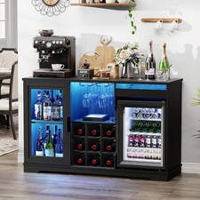 Wine Bar Cabinet with Fridge Sensor LED Lights Rack Storage Sideboard Black