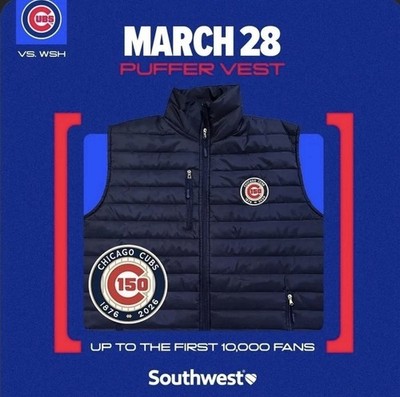 2026 Chicago Cubs Puffer Vest March 28th Give Away BRAND NEW SEALED
