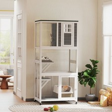 Wooden Cat House, Catio Cat Outdoor Enclosure with Platforms, White