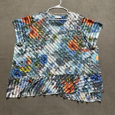 Time & Tru Top Womens 3X Plus (24W-26W) Blue Orange Floral Peplum Blouse Boho