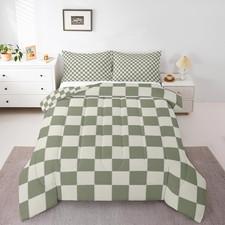 Plaid Comforter Set Twin Beige Sage Green Checkerboard Quilt Set