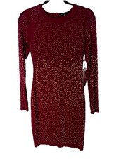 NWT Haute Monde Maroon Rhinestone Long Sleeve Bodycon Mini Dress Size Small