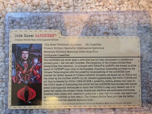 2002 GI JOE CONVENTION CRIMSON STRIKE TEAM  BARONESS FILECARD