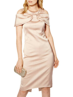 Karen Millen Bow Front Cold Shoulder Knee Length Shift Dress Champagne pink  US 2 | eBay