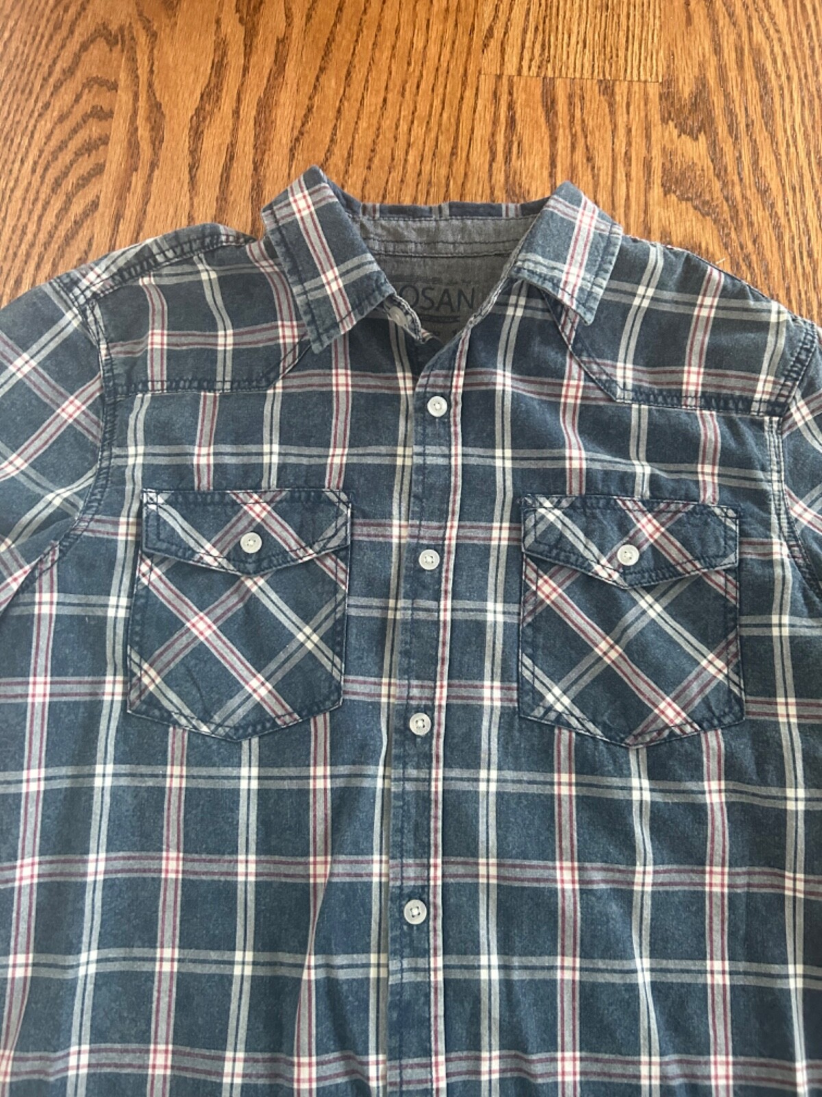 LOSAN Boys Plaid Button Up Shirt Size 14 160 Short Sleeve Blue Check Casual Top image 3