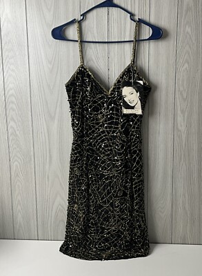 Niteline Della Roufogali BLACK Sequin Cocktail Dress Gold Trim Prom Sz  Vintage