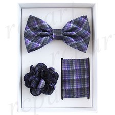 New in box Brand Q Men's bowtie hankie lapel pin 3 piece set blue purple plaid