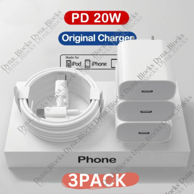 3Pack 20W USB Type C Fast Charger For iPhone 14/13/12 PD Power Adapter Cable Lot
